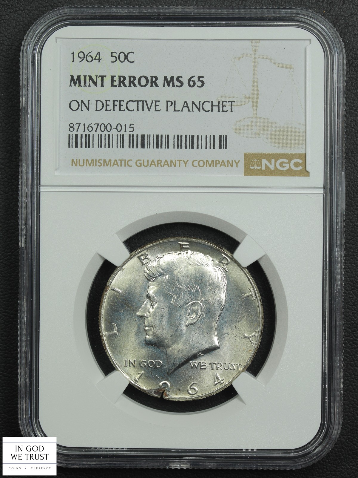 STRUCK ON DEFECTIVE PLANCHET Mint Error 1964 Kennedy Silver Half Dollar NGC MS65