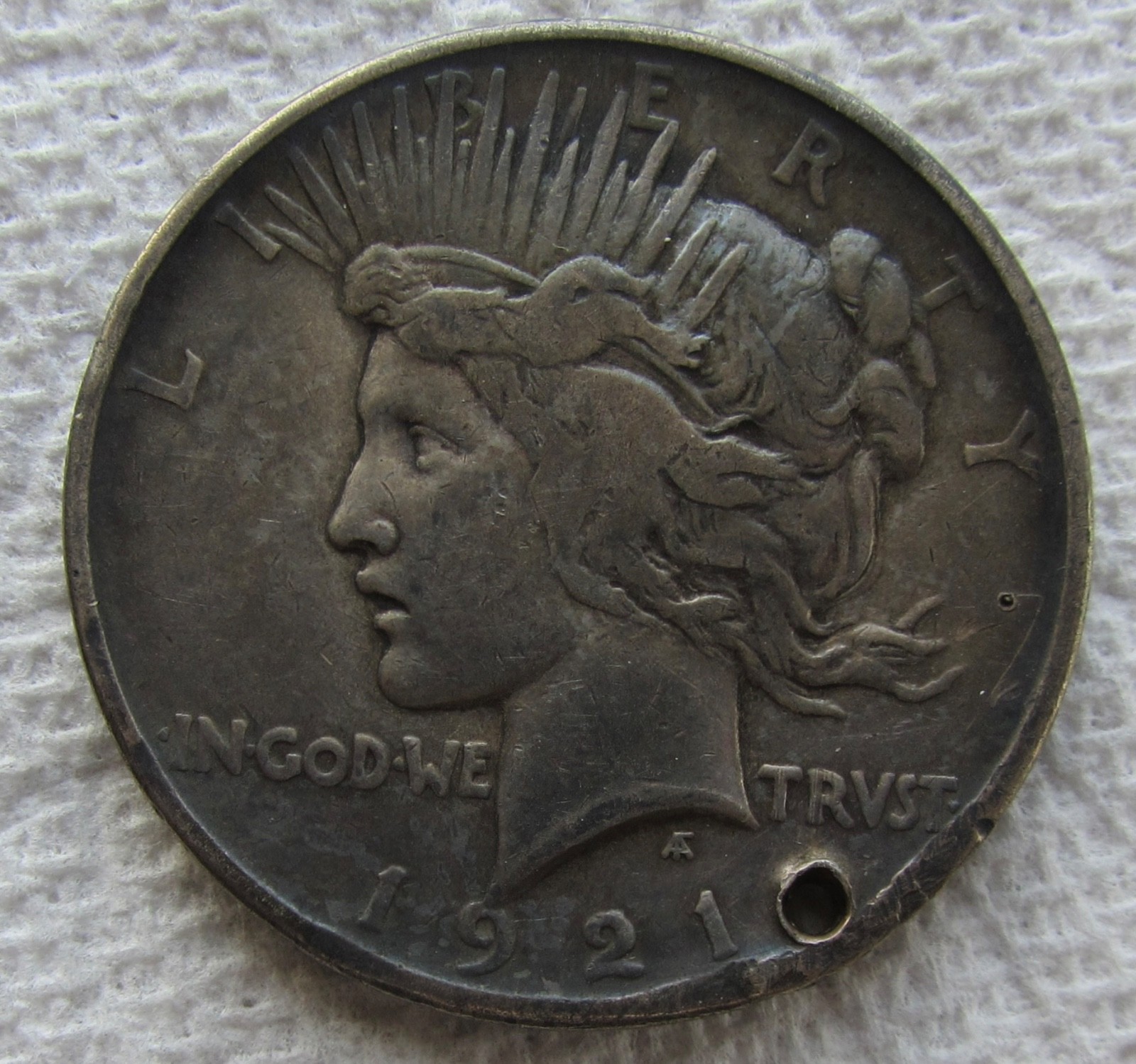 1921 Peace Silver Dollar Early Rare Key Date High Relief VF XF Holed