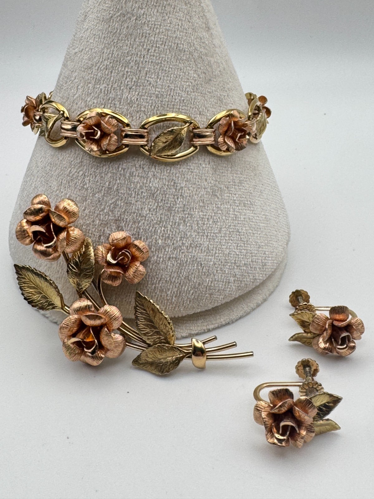 Vintage Krementz Bracelet Brooch Earrings Set Two Tone Rose