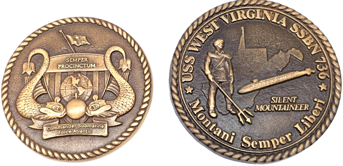 Set of 2 Bronze Naval Challenge Coins USS West Virginia SSBN 736 & Submarine....