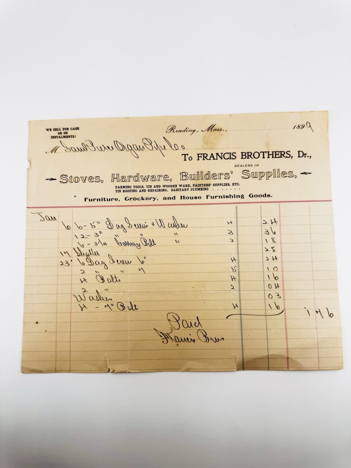 Antique 1899 Invoice Billhead Reading MA Samuel Pierce Organ Pipe Co Hardware