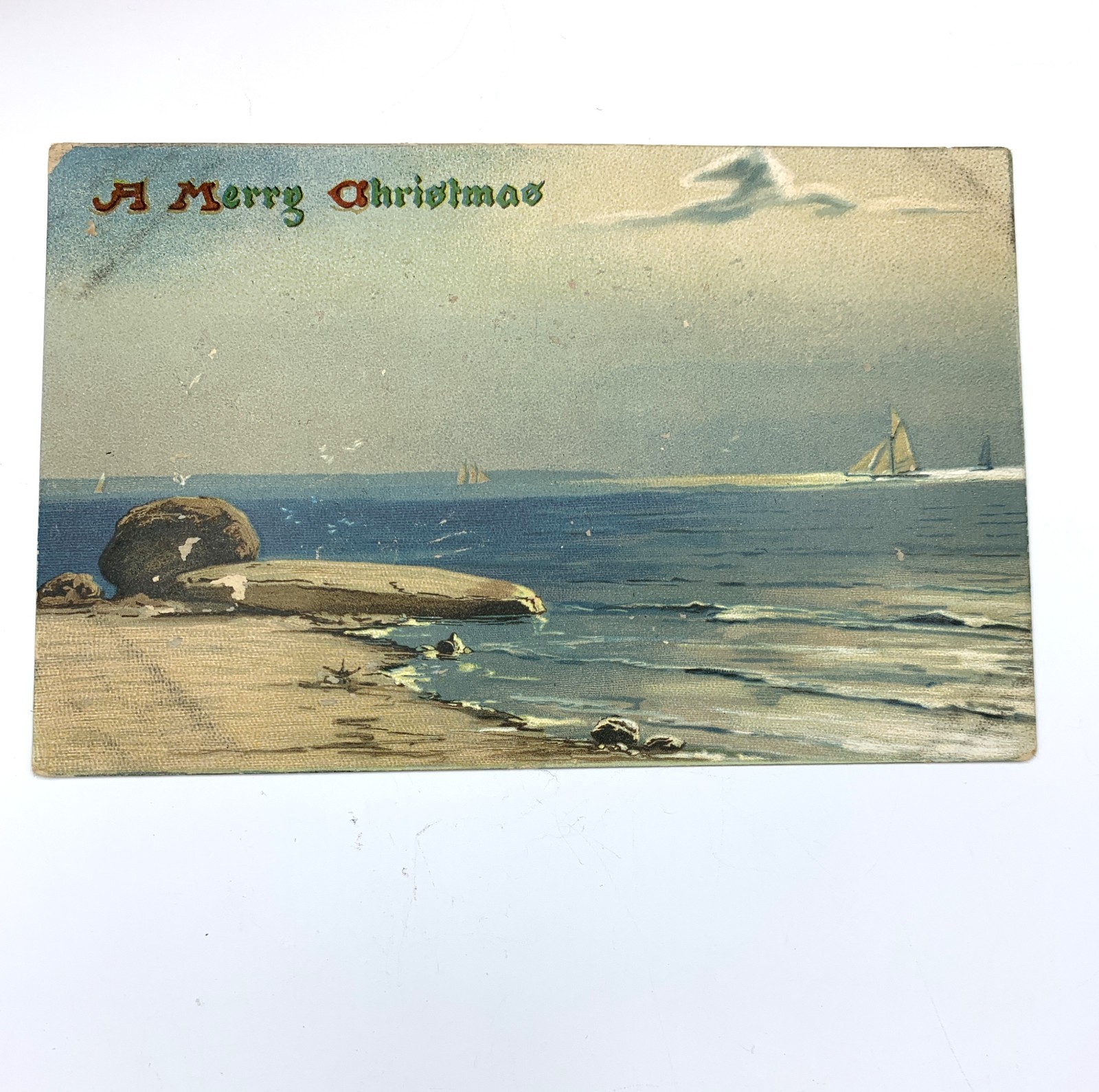 Vintage Tuck Christmas Postcard, O\'er Hill Dale 133, Embossed Coastal Sea 1908