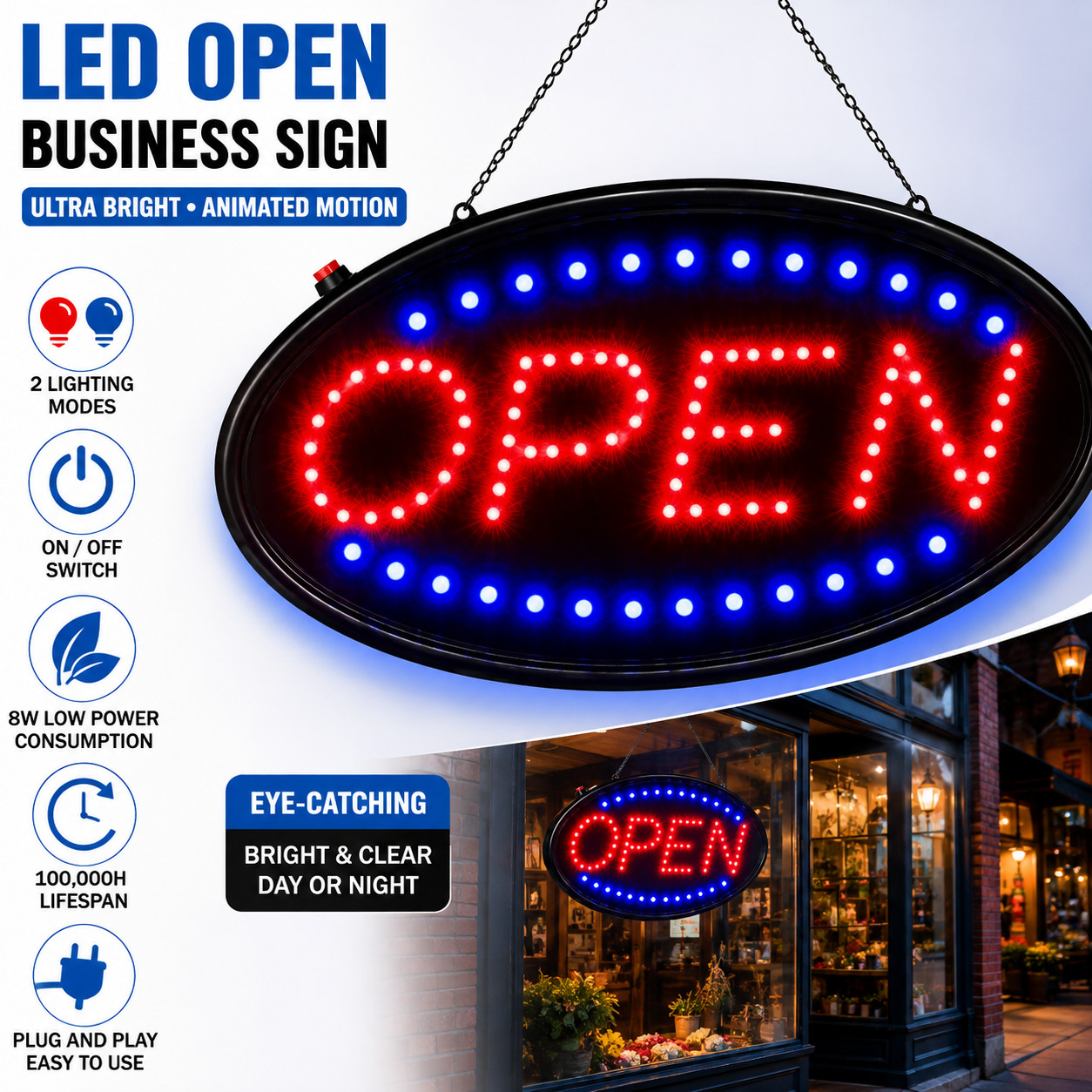 OPEN Business Sign Animated Motion Ultra Bright Store LED Neon Light with ON/OFF