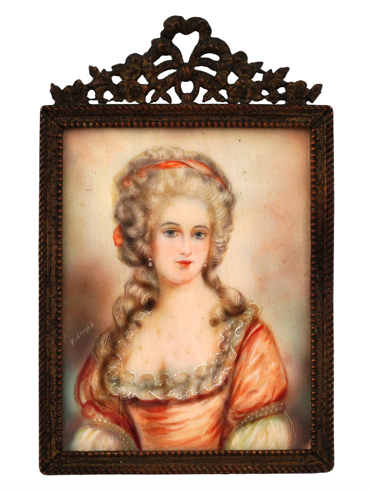 Antique French Hand Painted Portrait Miniature Signed V. Carré in Bronze Frame
