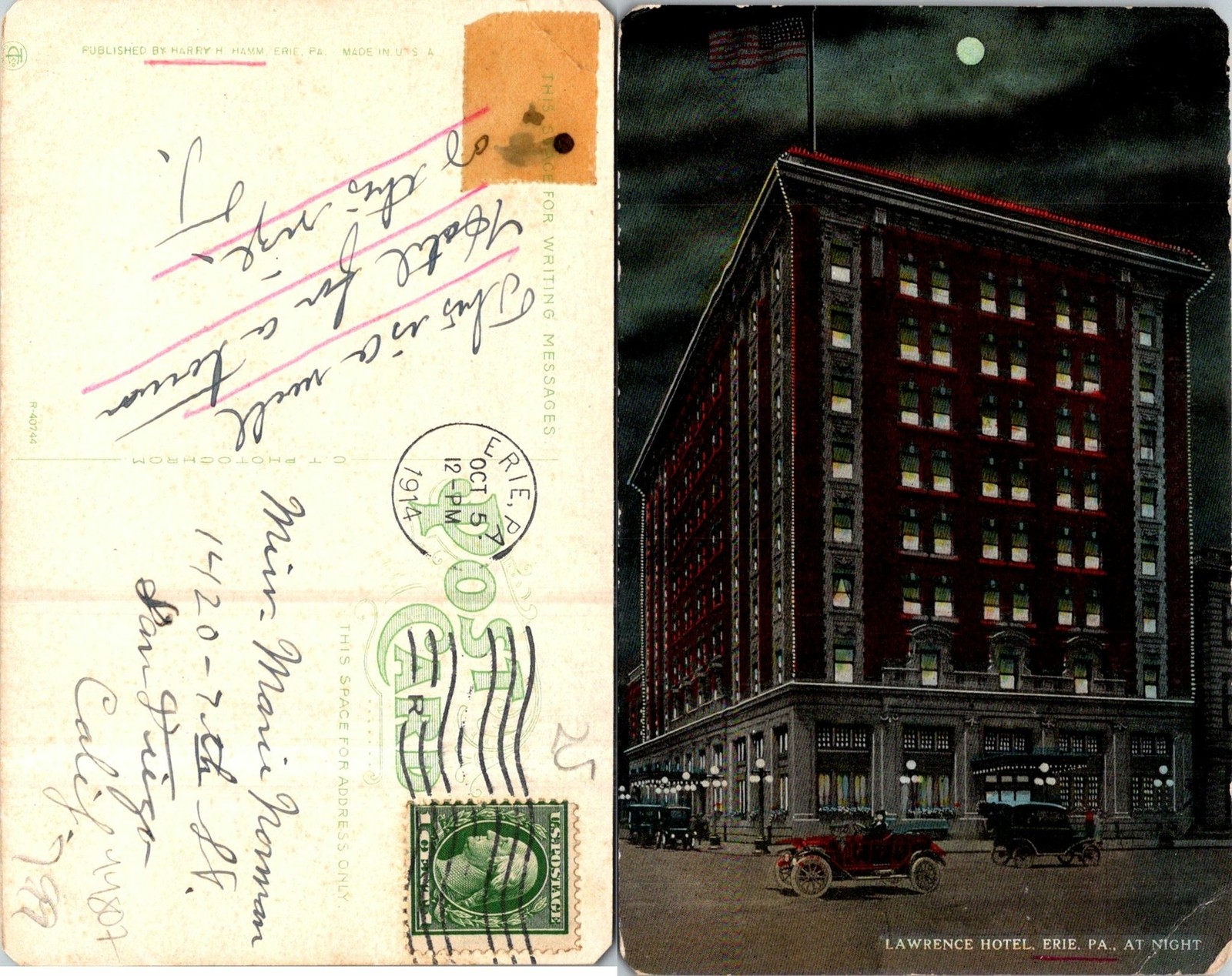 Lawrence Hotel Erie PA At Night Postcard Used (44807) Lawrence Hotel Erie PA At Night Postcard Used (44807)