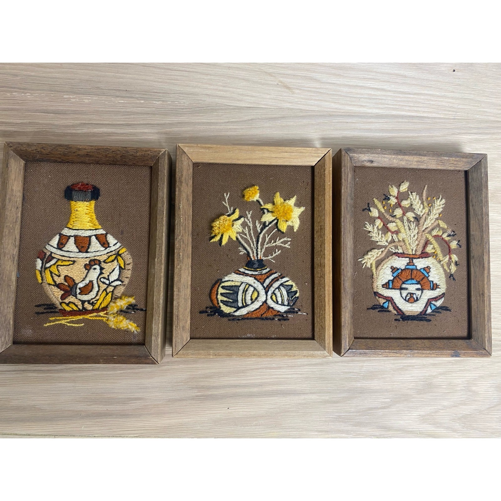 Vintage Sunset Designs Needlepoint Framed Art Set 3 Southwestern Pottery 1972