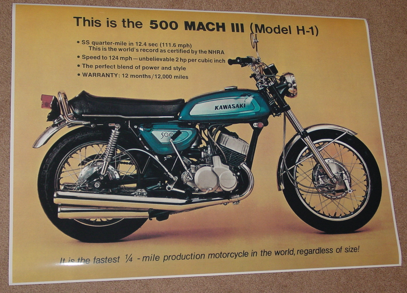 1971 KAWASAKI H1 MACH III 500 VINTAGE MOTORCYCLE POSTER PRINT 26x36 9MIL PAPER