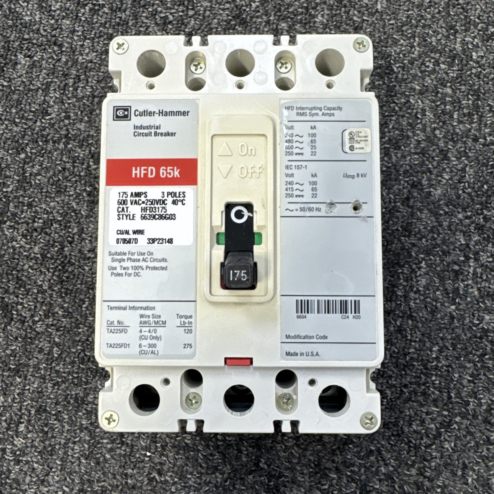 CUTLER HAMMER HFD3175 3P 175 AMP 600V CIRCUIT BREAKER RECON/TESTED CUTLER HAMMER HFD3175 3P 175 AMP 600V CIRCUIT BREAKER RECON/TESTED