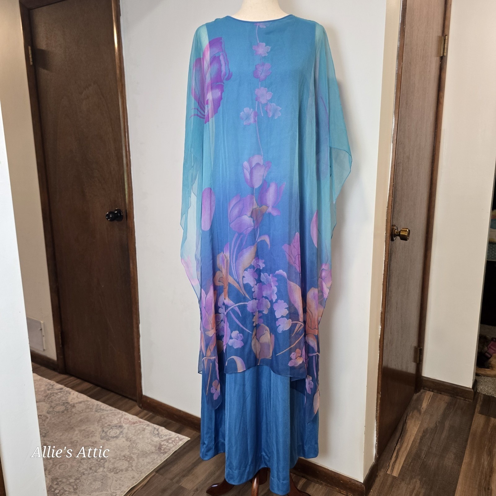1970s Chiffon Dress Bohemian Maxi Vintage Rona New York Blue Pink Floral Flowy