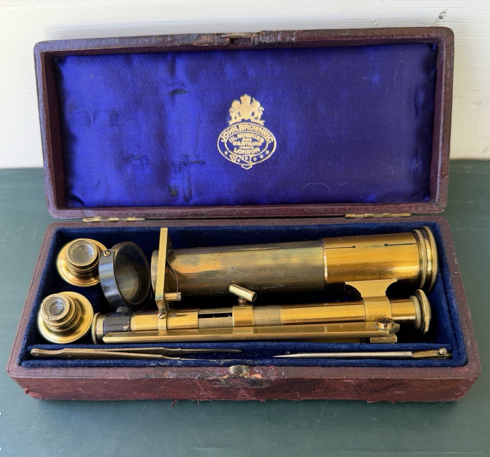 Antique 1868-1876 John Browning Brass Folding Pocket Microscope & Case