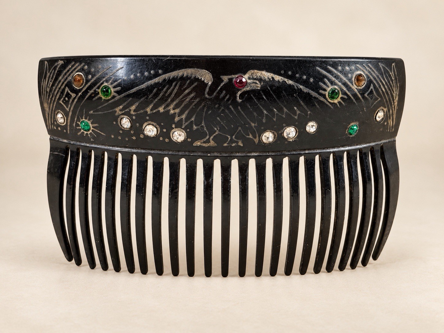 Antique c1920 Black Celluloid Eagle Hair Comb Glass Rhinestones Patriotic