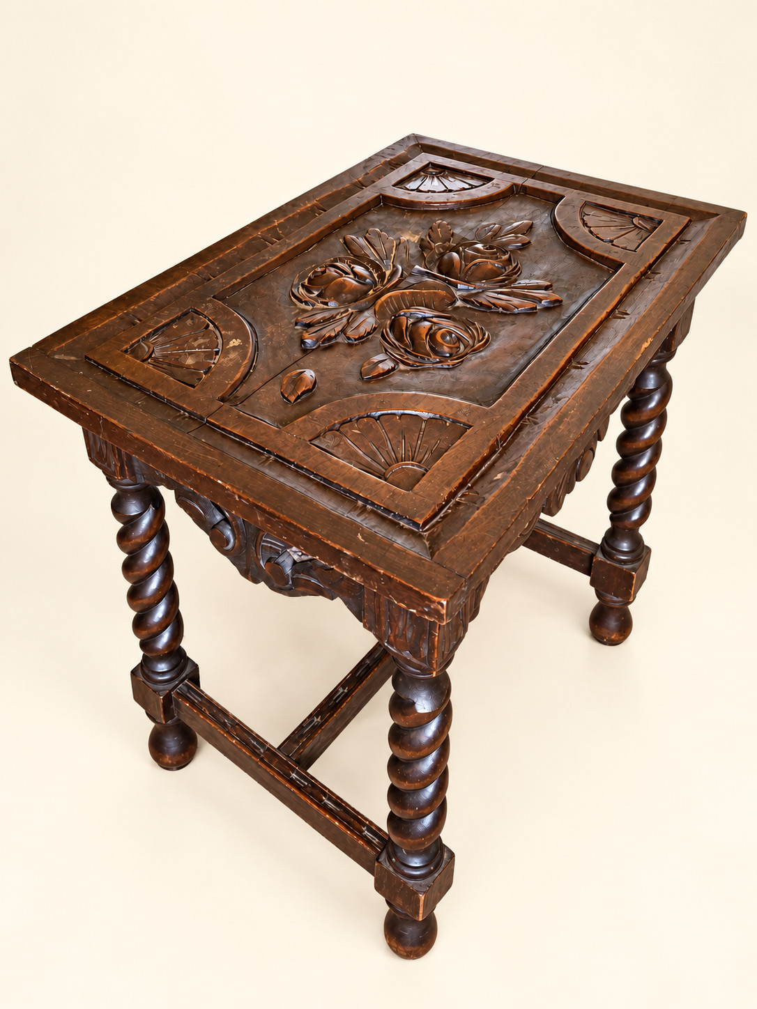 Antique Hand-Carved Spanish Revival Table – Barley Twist Legs