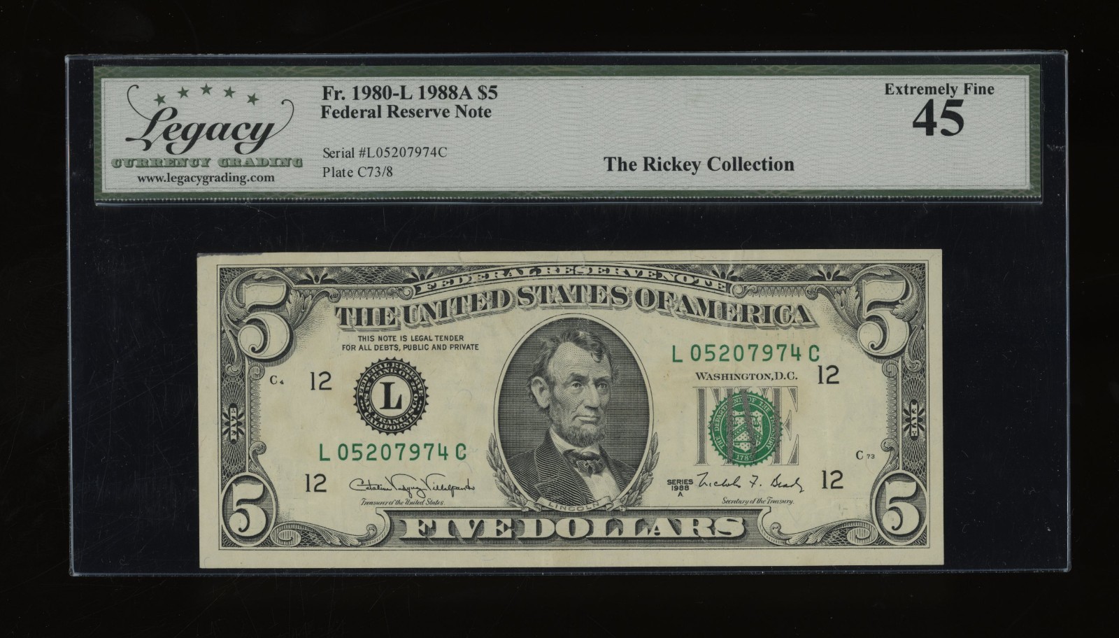 DBR 1988-A $5 San Francisco Fr. 1980-L Legacy 45 Serial L05207974C