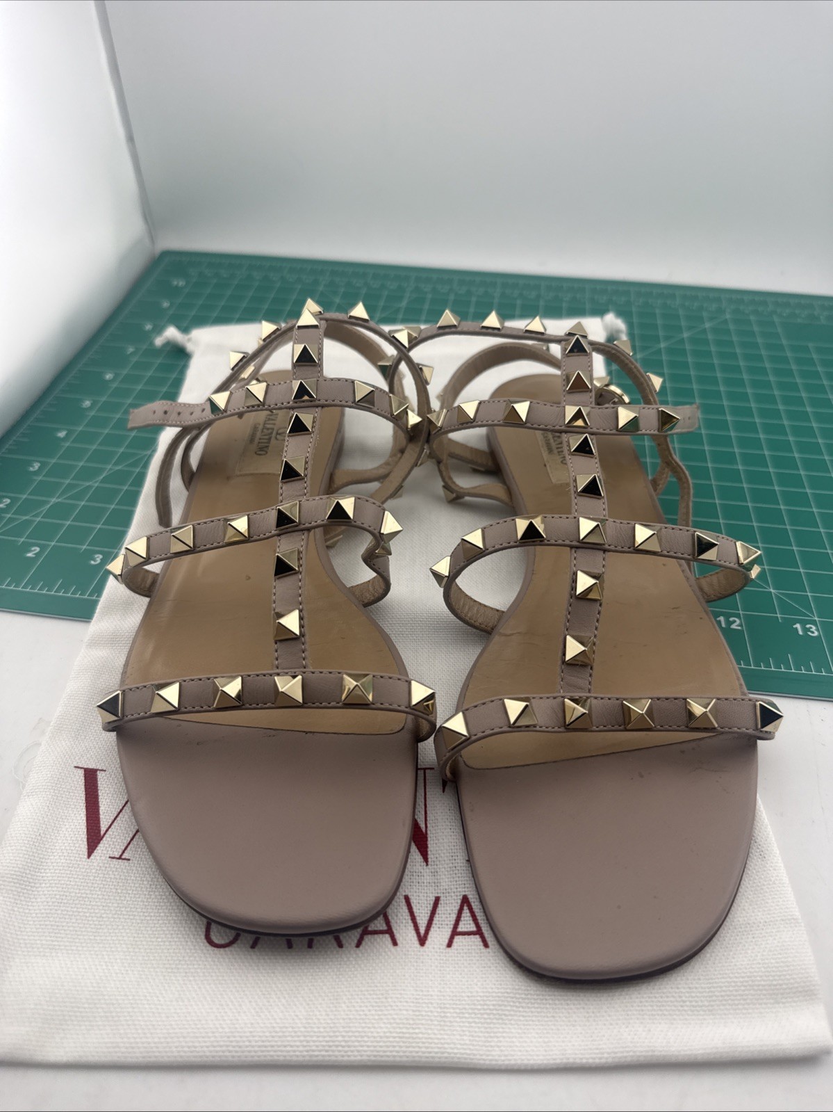 Valentino Garavani Rockstars Flat Sandals Size 38.5 - Nude- Used
