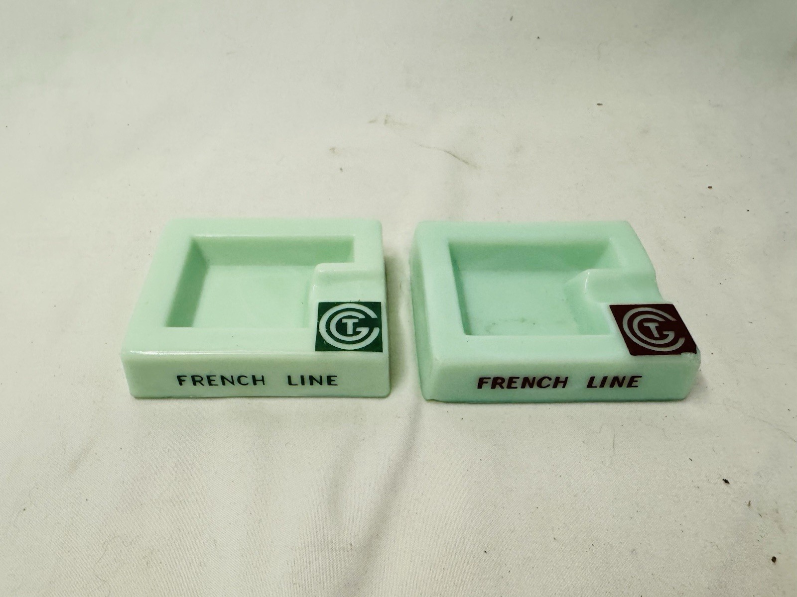 Vtg LOT Of 2 Ashtray CGT Transatlantic France Green Jadeite Glass French Line Vtg LOT Of 2 Ashtray CGT Transatlantic France Green Jadeite Glass French Line