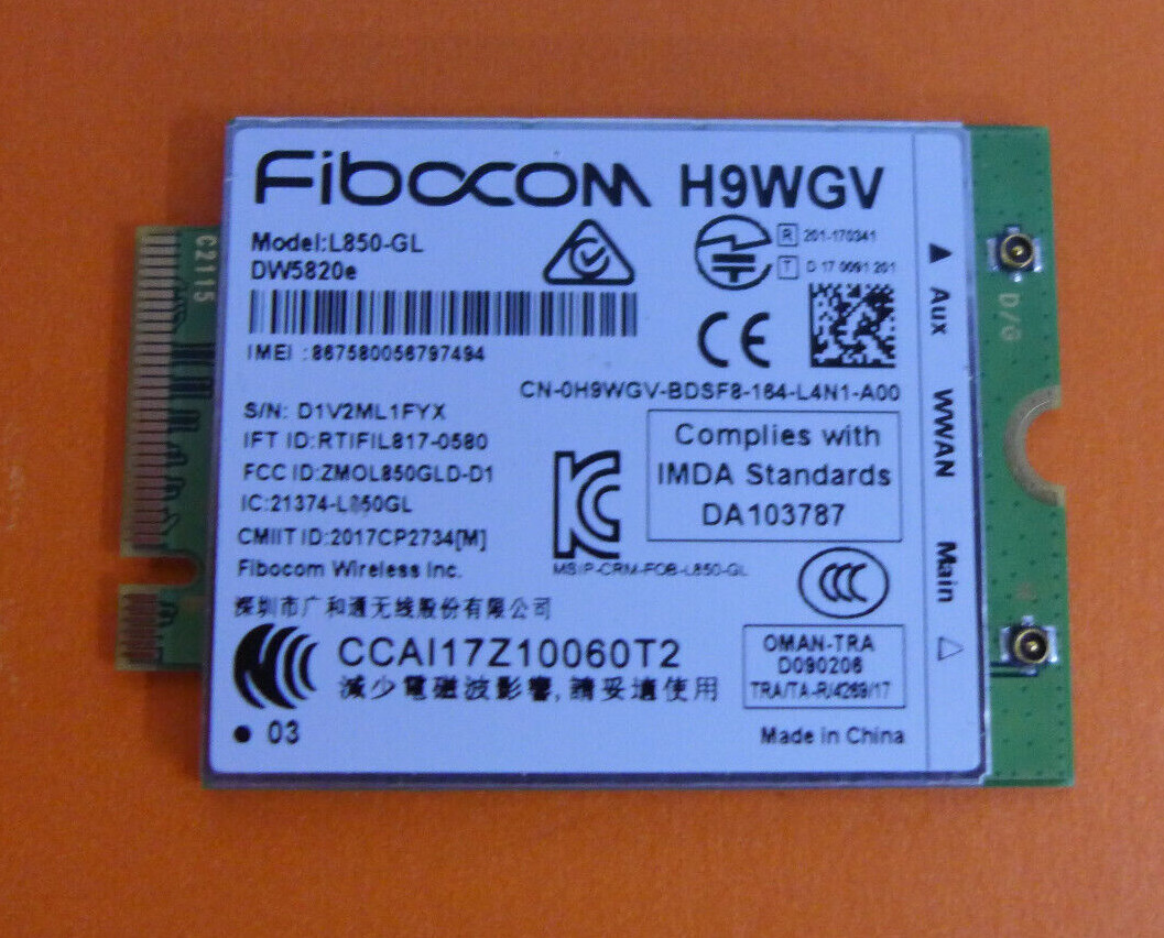 Genuine Dell Fibocom L850-GL LTE/WCDMA 4G WWAN Card DW5820e H9WGV