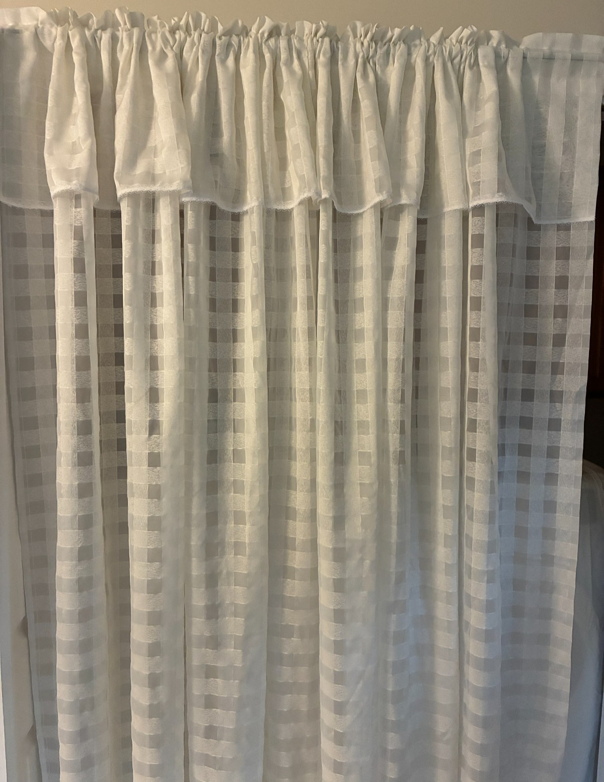 Set of 4 white rod pocket sheer checked curtains w lace trim valance 59W x 82L Set of 4 white rod pocket sheer checked curtains w lace trim valance 59W x 82L