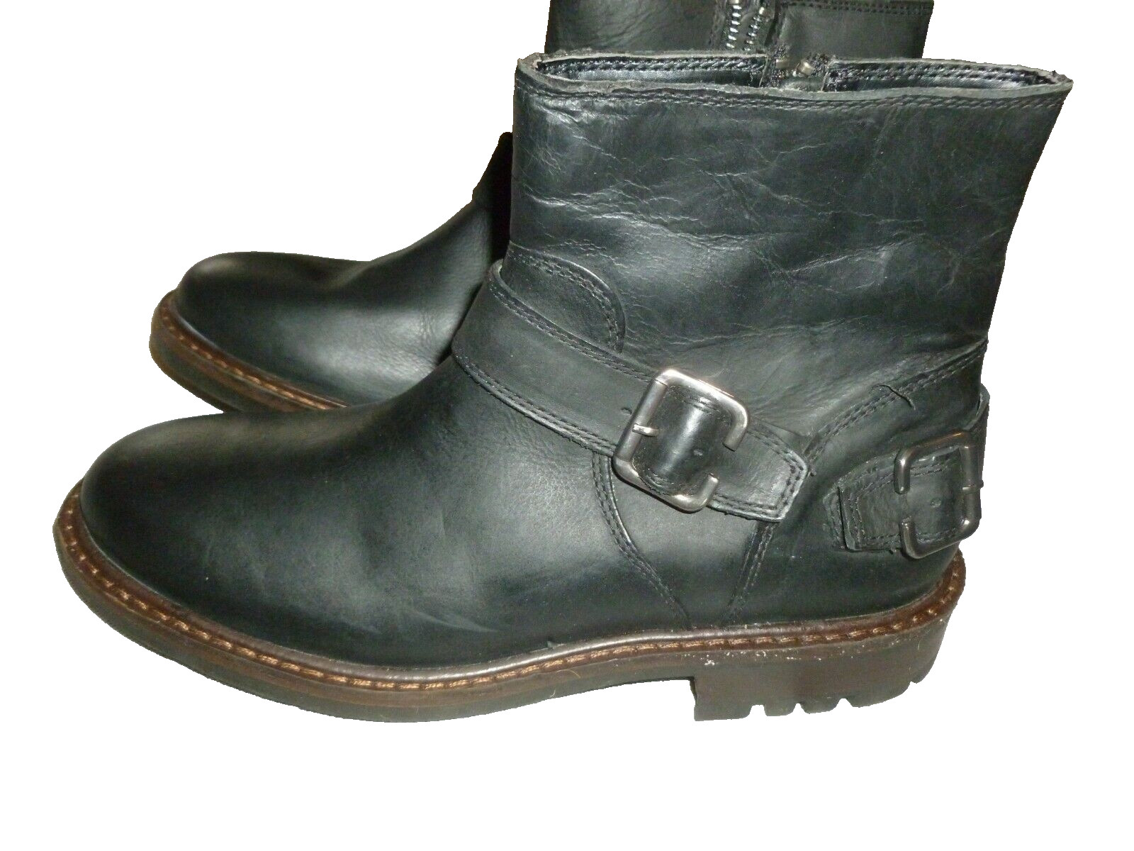 NWOB Franco Fortini Leather Moto Ankle Boots Side Zip Buckle Lug Sole Size 8