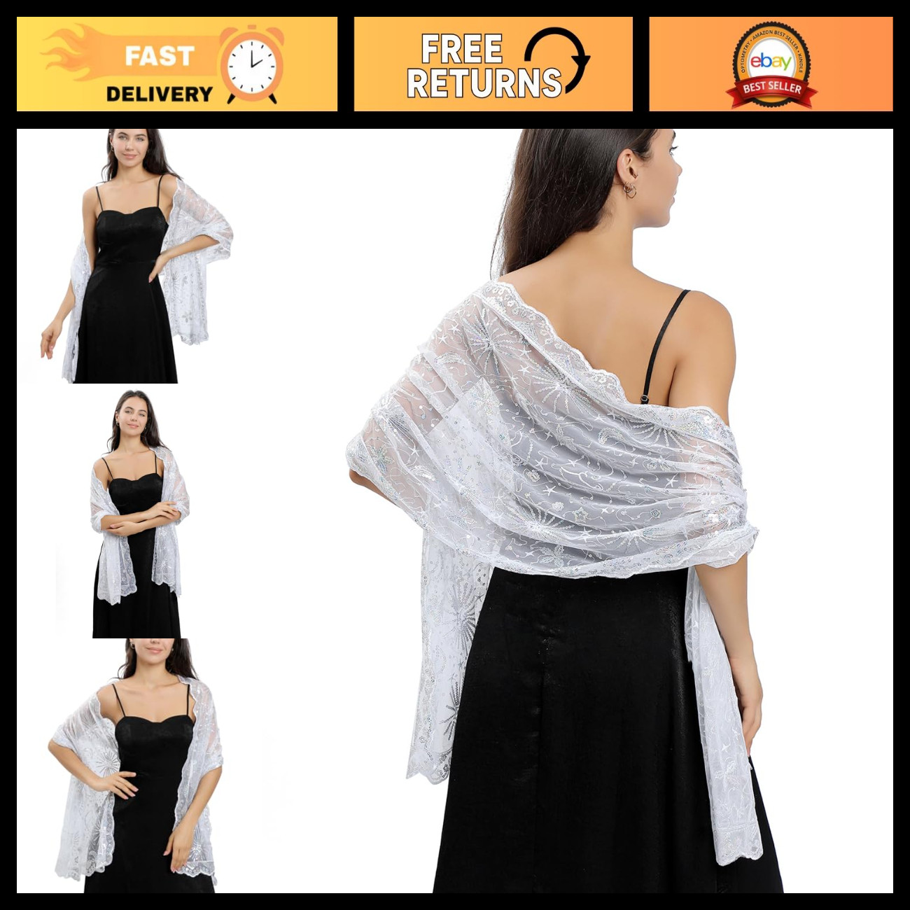 Glittering 1920s Shawl Scarf - Sequin Wedding Bridal Cape, Fringed Evening Wrap
