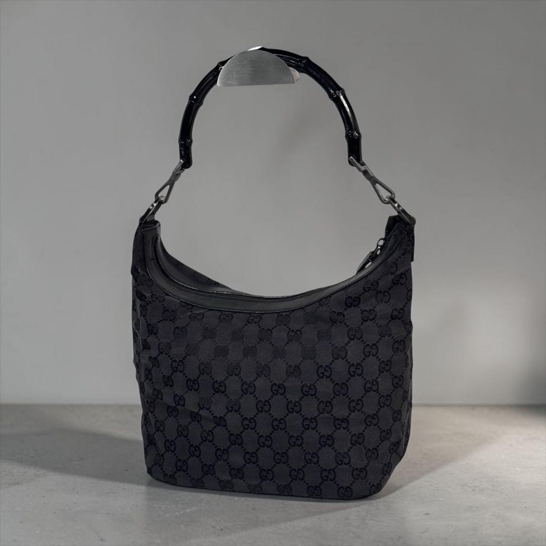 GUCCI Bamboo Tom Ford Hobo Shoulder Bag Black  GG Canvas Leather Italy Vintage