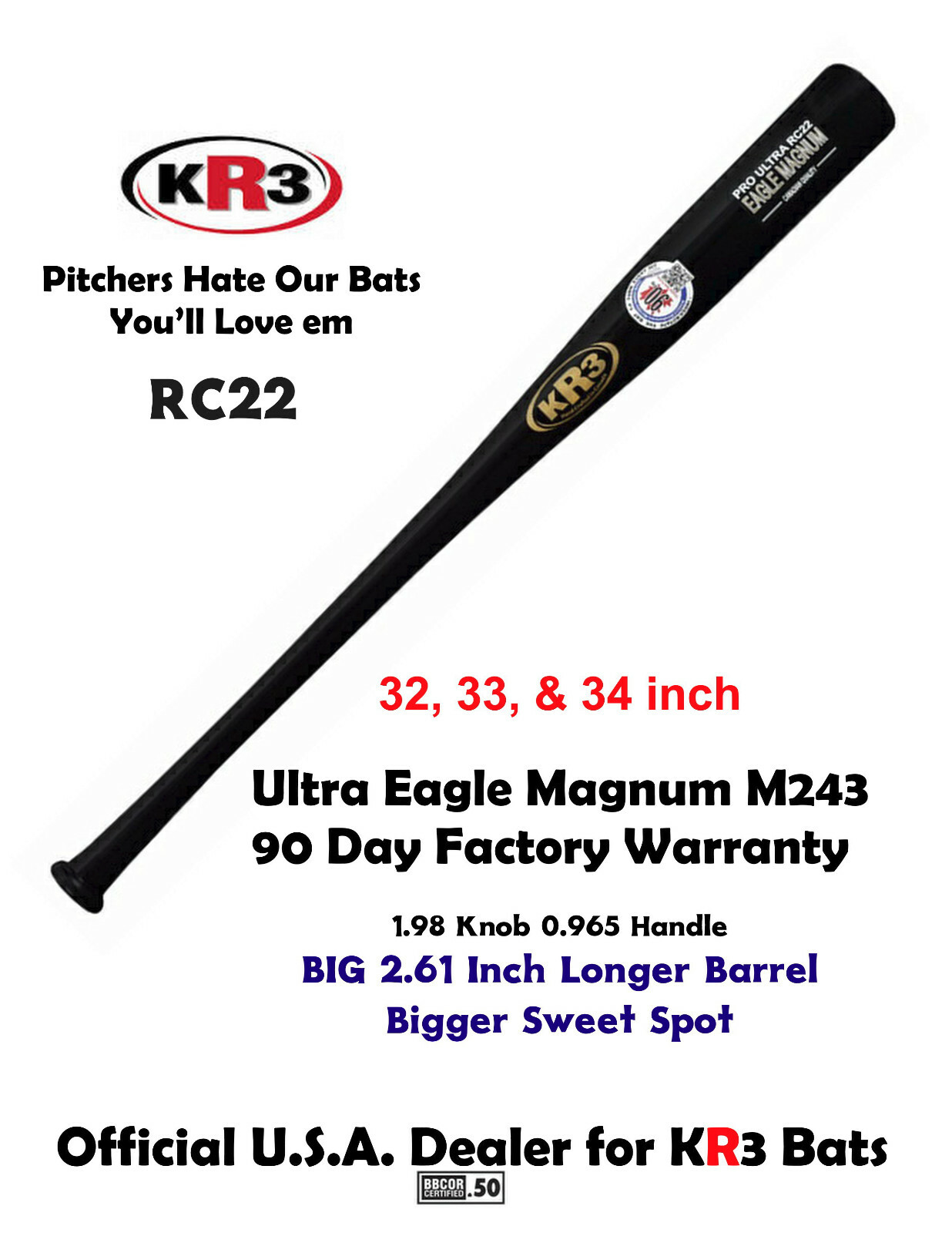 KR3 RC22 33.5 in Eagle Magnum ULTRA  Baseball Composite Wood Bat 90 Day Warranty
