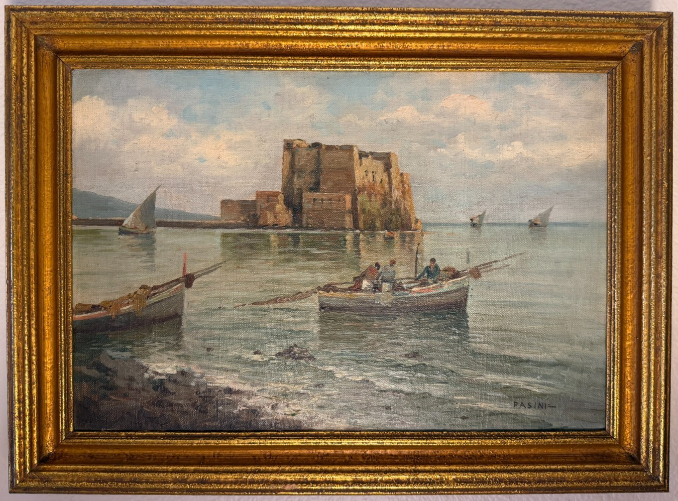 Antique Lazzaro Pasini Neapolitan Oil Painting Naples Seascape Signed Framed Art