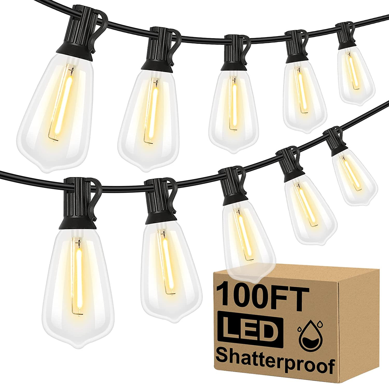 100FT LED Outdoor String Lights with 52 Vintage Edison Bulbs, Dimmable