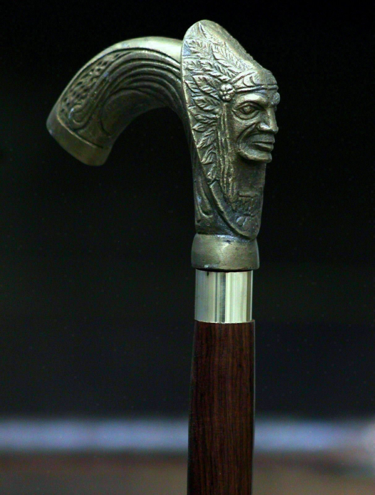 Antique Indian Chief Head Brass Color Walking Stick Walking Wooden Working Cane 