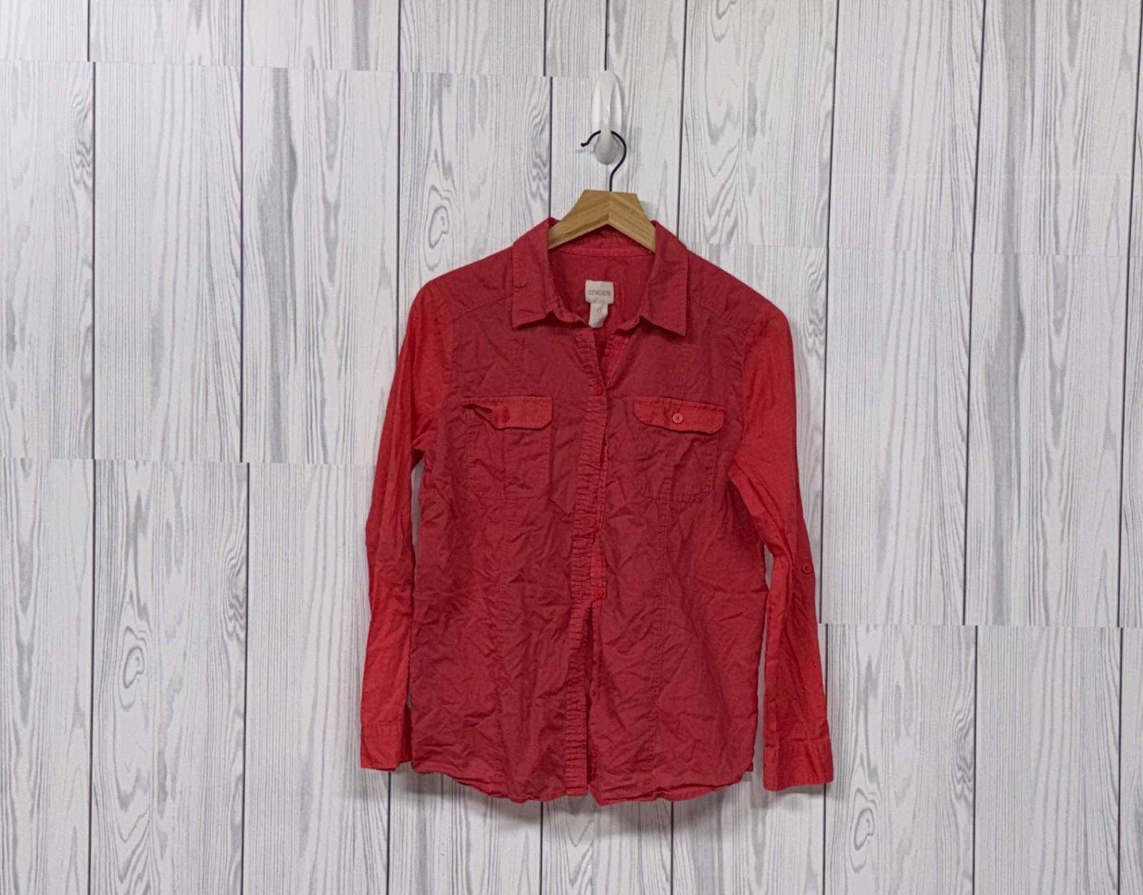 Chicos shirt womens size 1 button up long sleeve solid red blouse