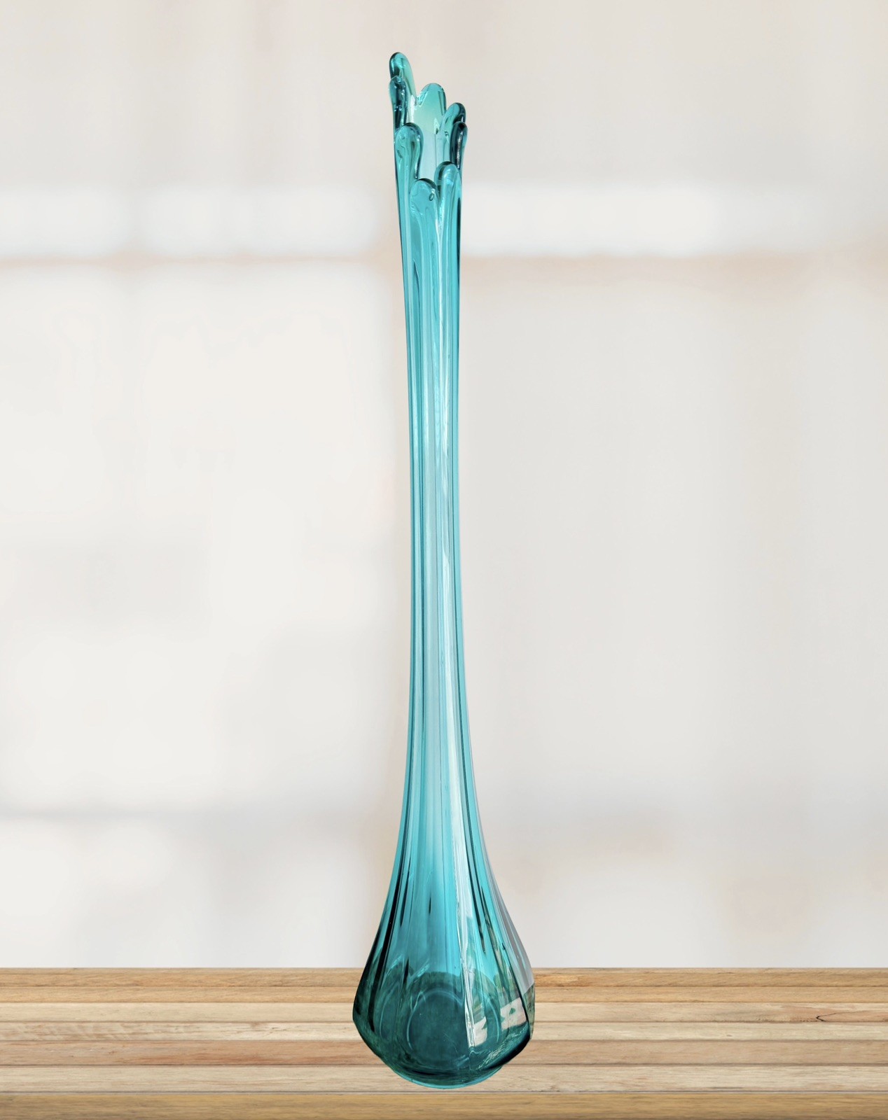 Vintage MCM LE Smith Glass 20” Peacock Blue Fat Bottom 8-Panel Swung Vase EUC