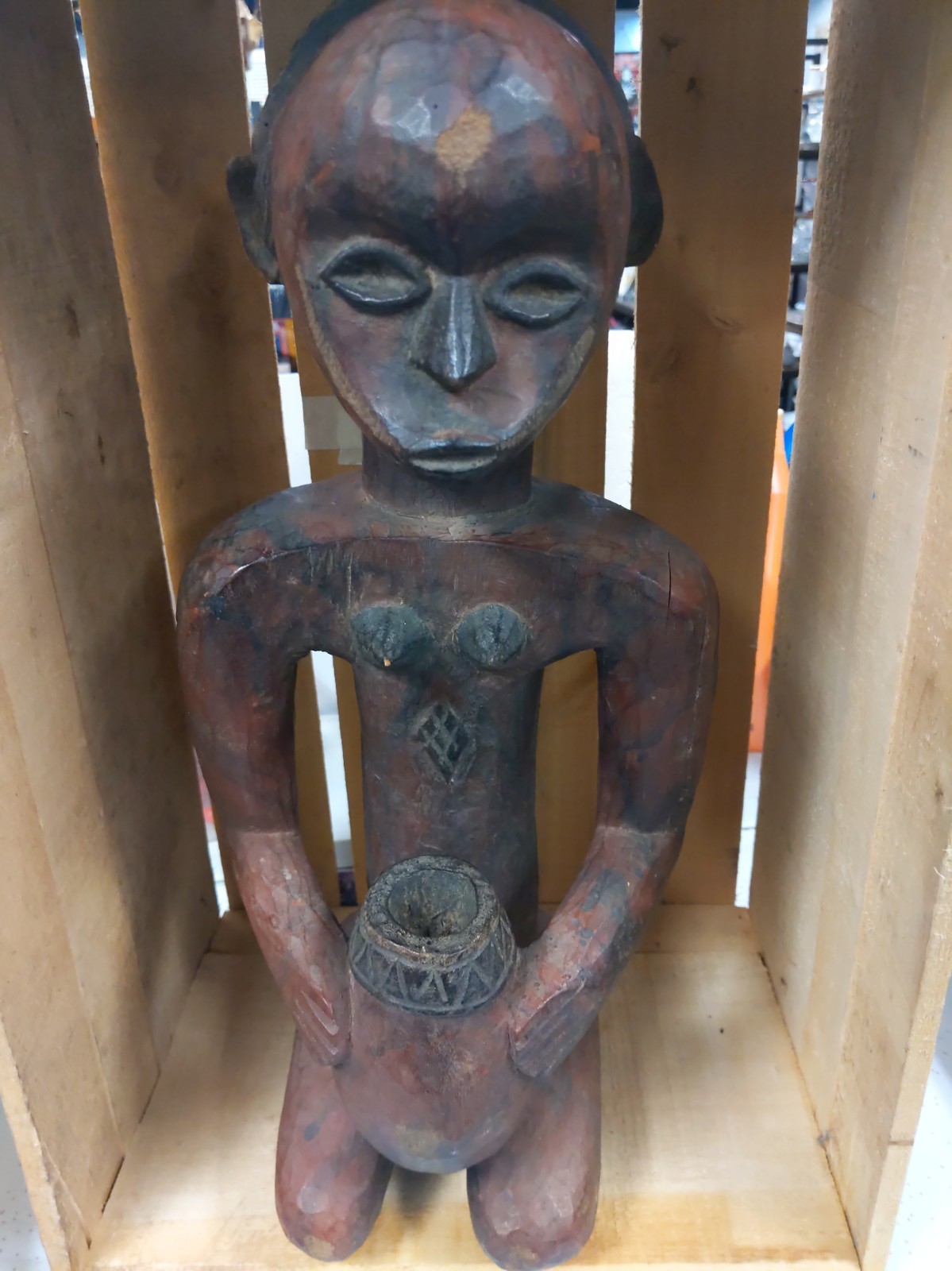 Antique African Fine Art, VTG Hand Carved Wood Female Figure W/ Bowl  17