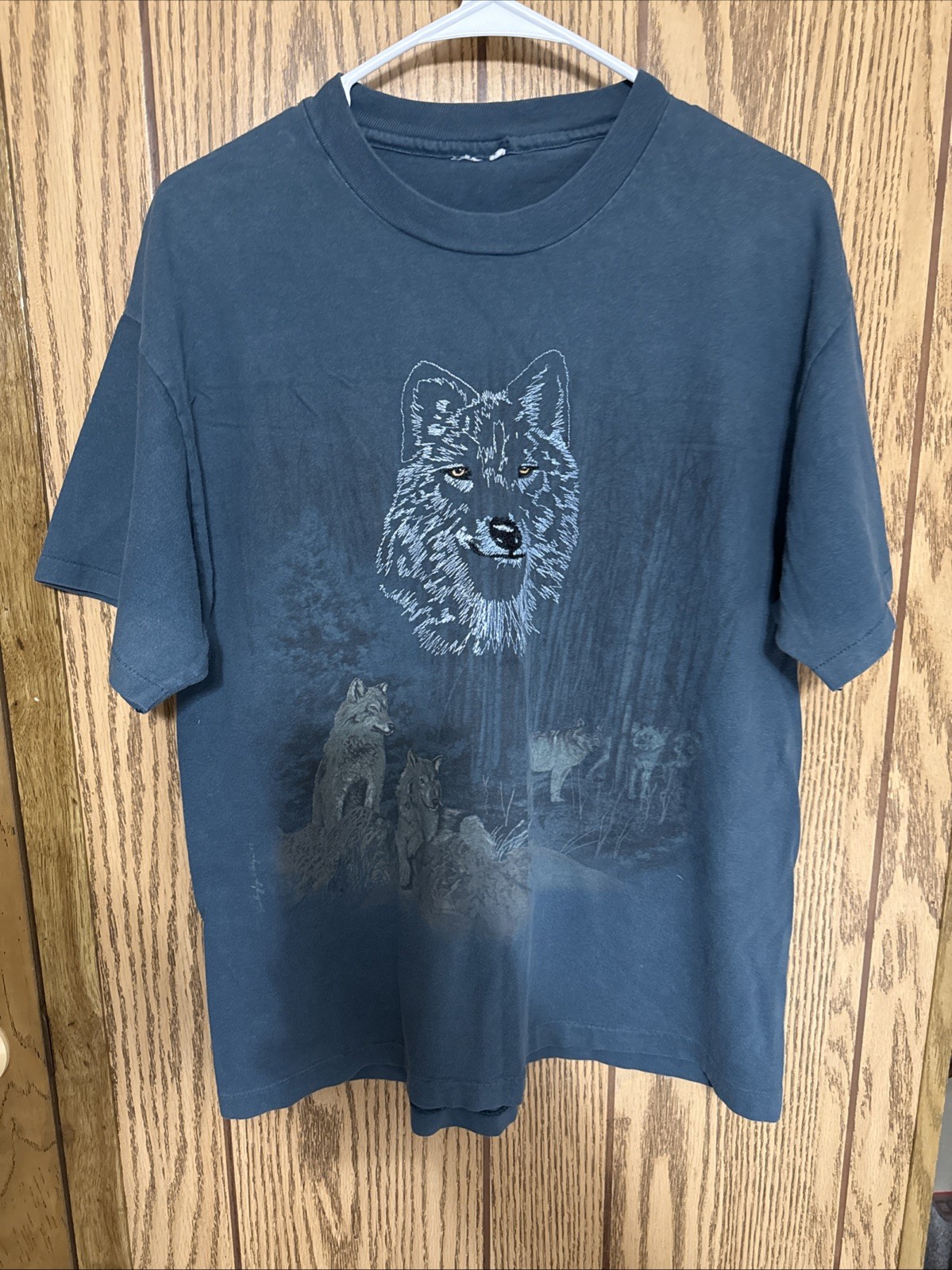 Vtg 90s Wolf Pack Graphic T Shirt Single Stitch Teal Blue Gray 20x26 Wild