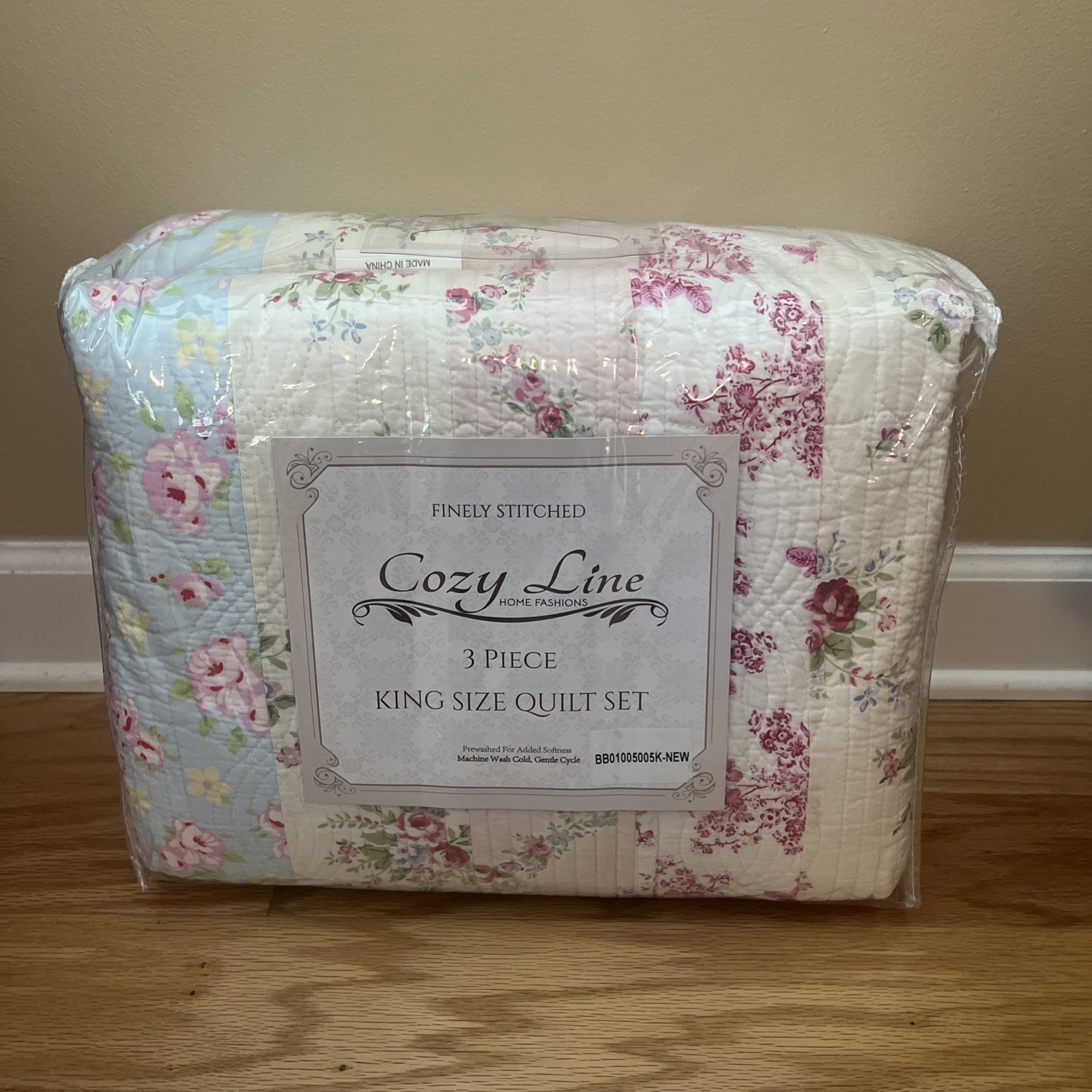 WILD ROSE VINTAGE 3pc King QUILT SET : COTTON COZY COTTAGE PINK GREEN  BLUE