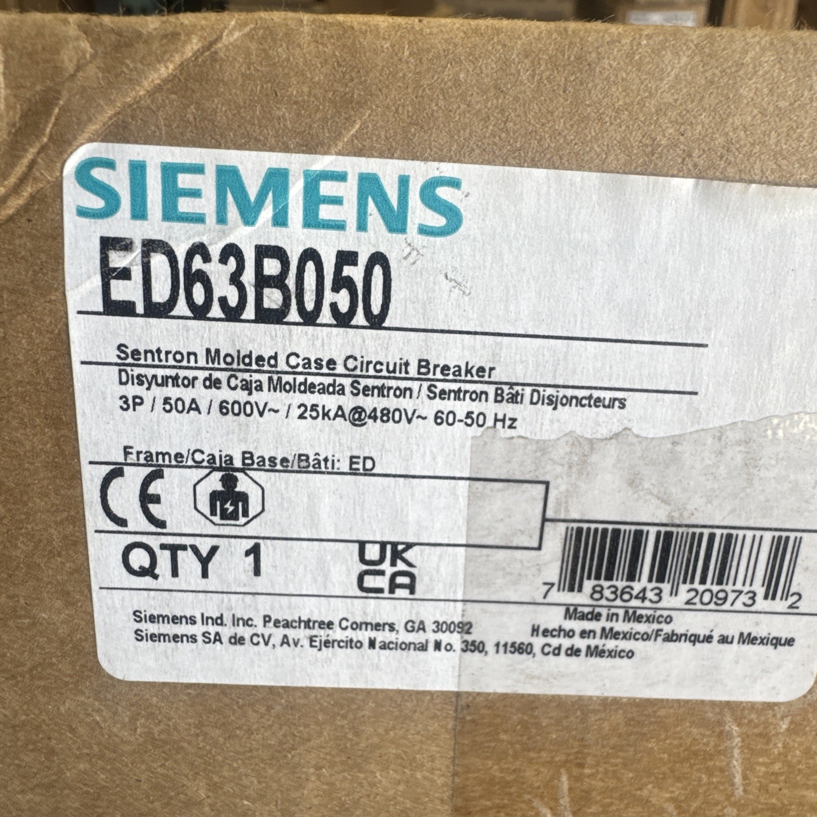 Siemens Sentron ED63B050 50A 3-Pole 600V Circuit Breaker