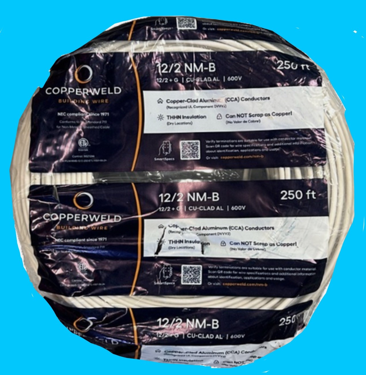 COPPERWELD 12/2 NM-B 250 ft, Copper Clad Aluminum, Non-Metallic Sheathed Cable.