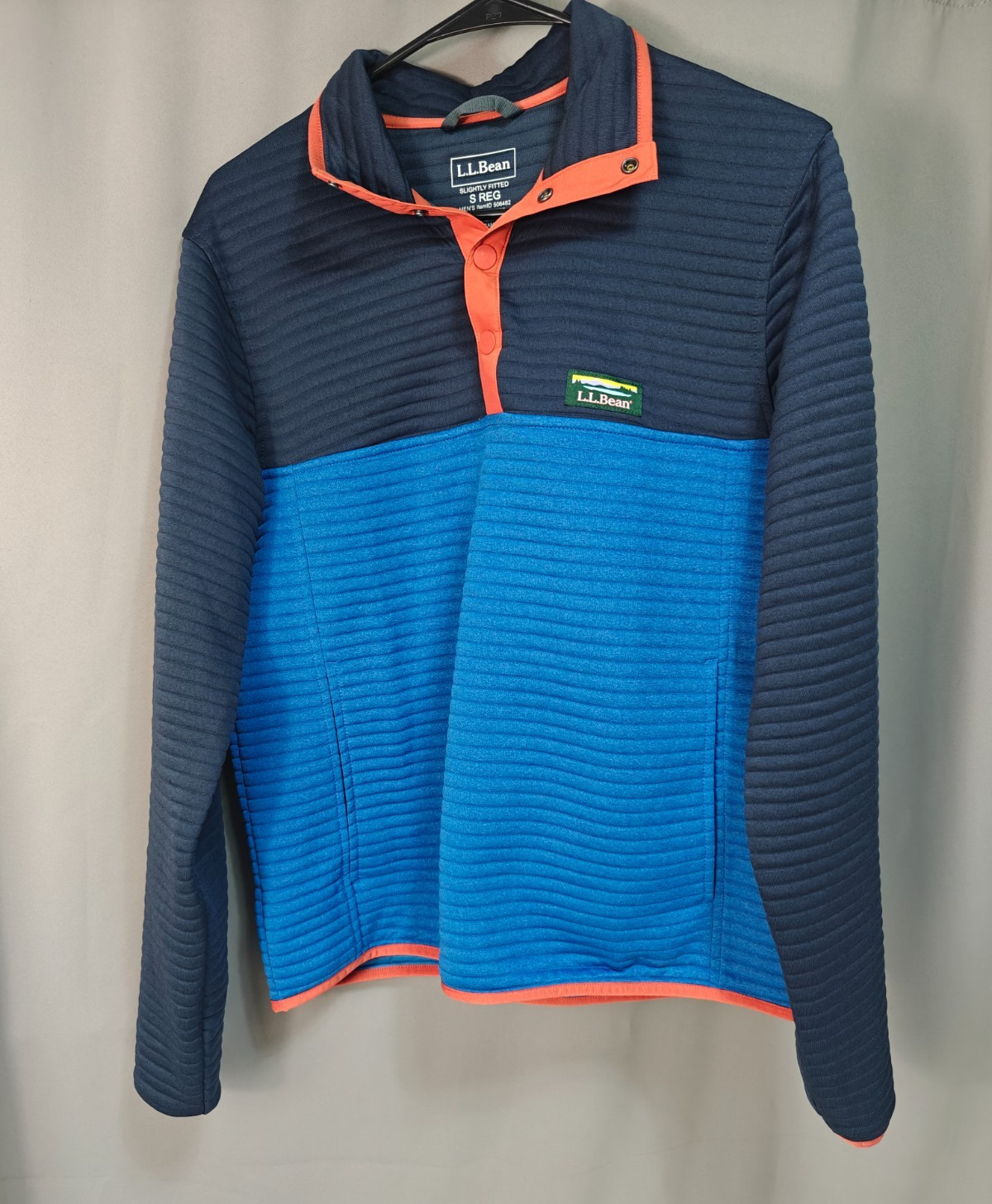L.L. Bean Pullover Mens Size S Blue Airlight Knit Colorblock Textured Snap Neck