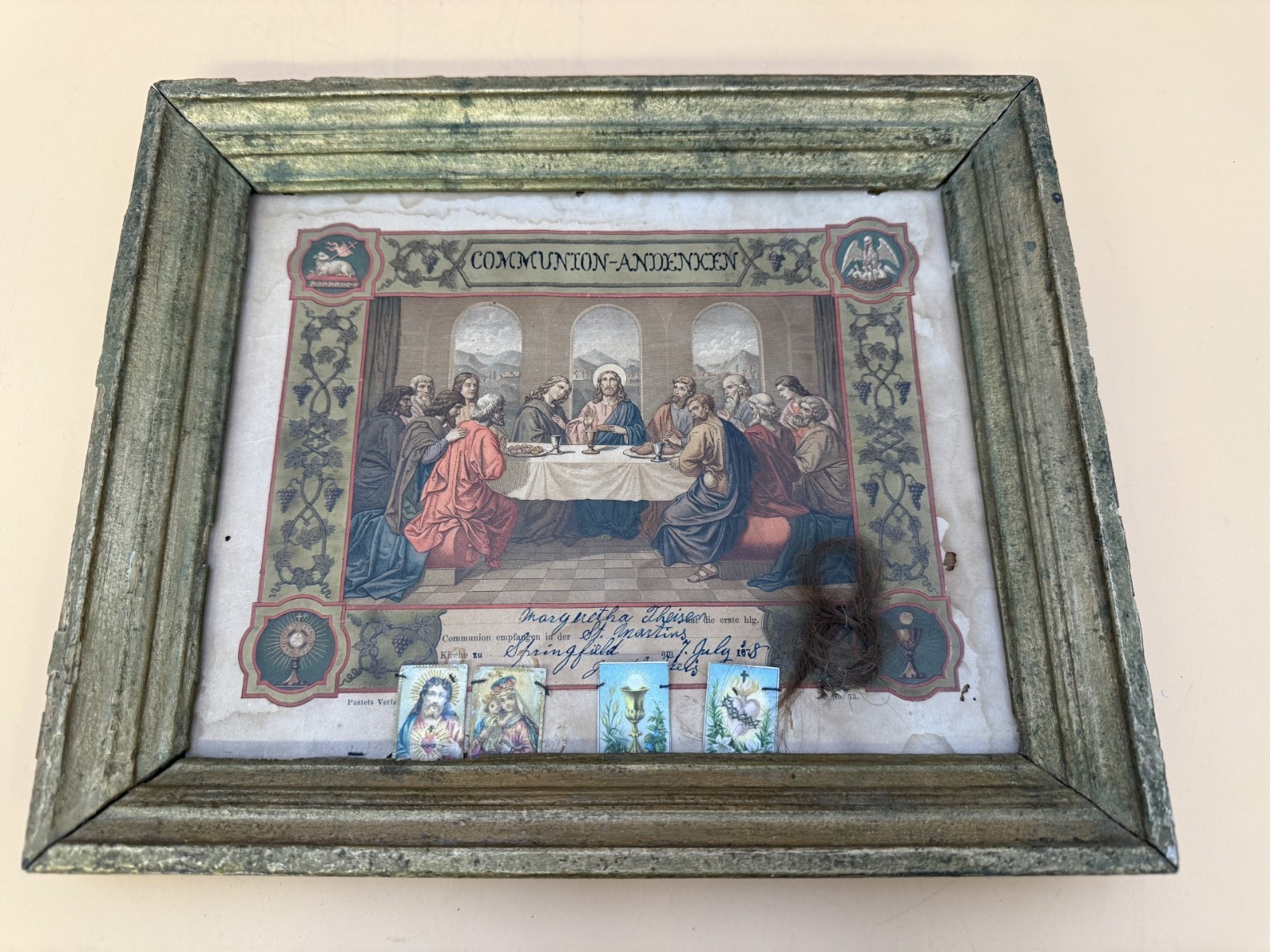 Antique 1878 First Communion Hair Art Framed Religious Certificate Keepsake