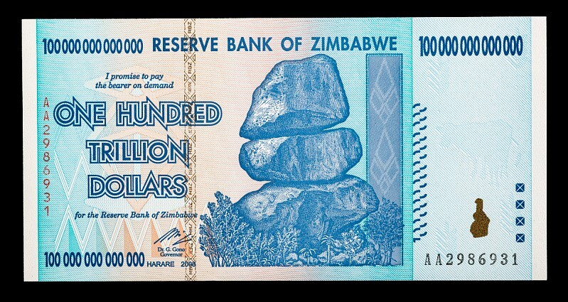2008 100 TRILLION DOLLARS RESERVE BANK OF ZIMBABWE, AA  UNC  + 10 Bill Zim Free