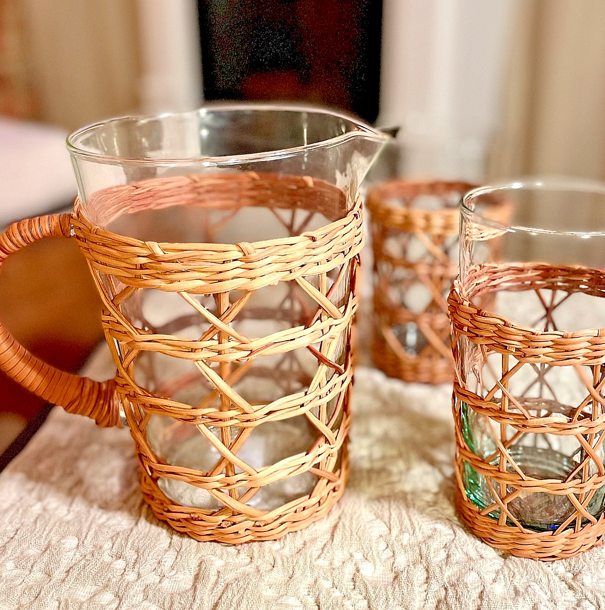 Pottery Barn Wicker Glass Tumblers Pitcher 9 Pc Set Rattan Coastal Unused