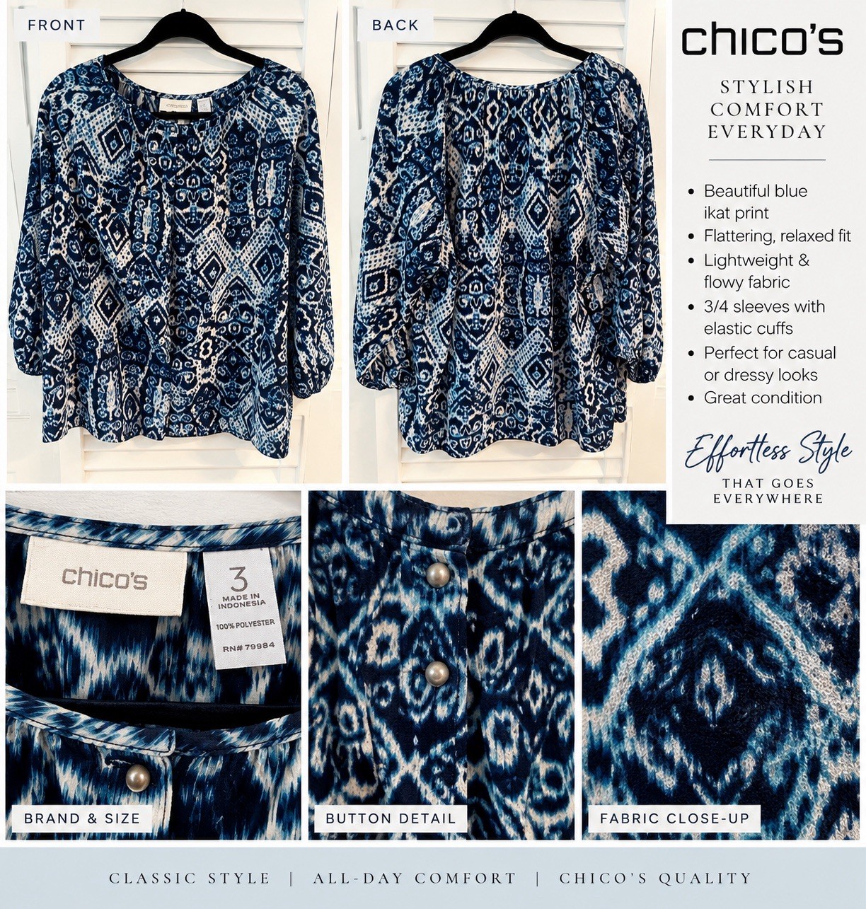 Chico’s Women’s Size 3 Blue Navy Geometric Print 3/4 Sleeve Blouse Top
