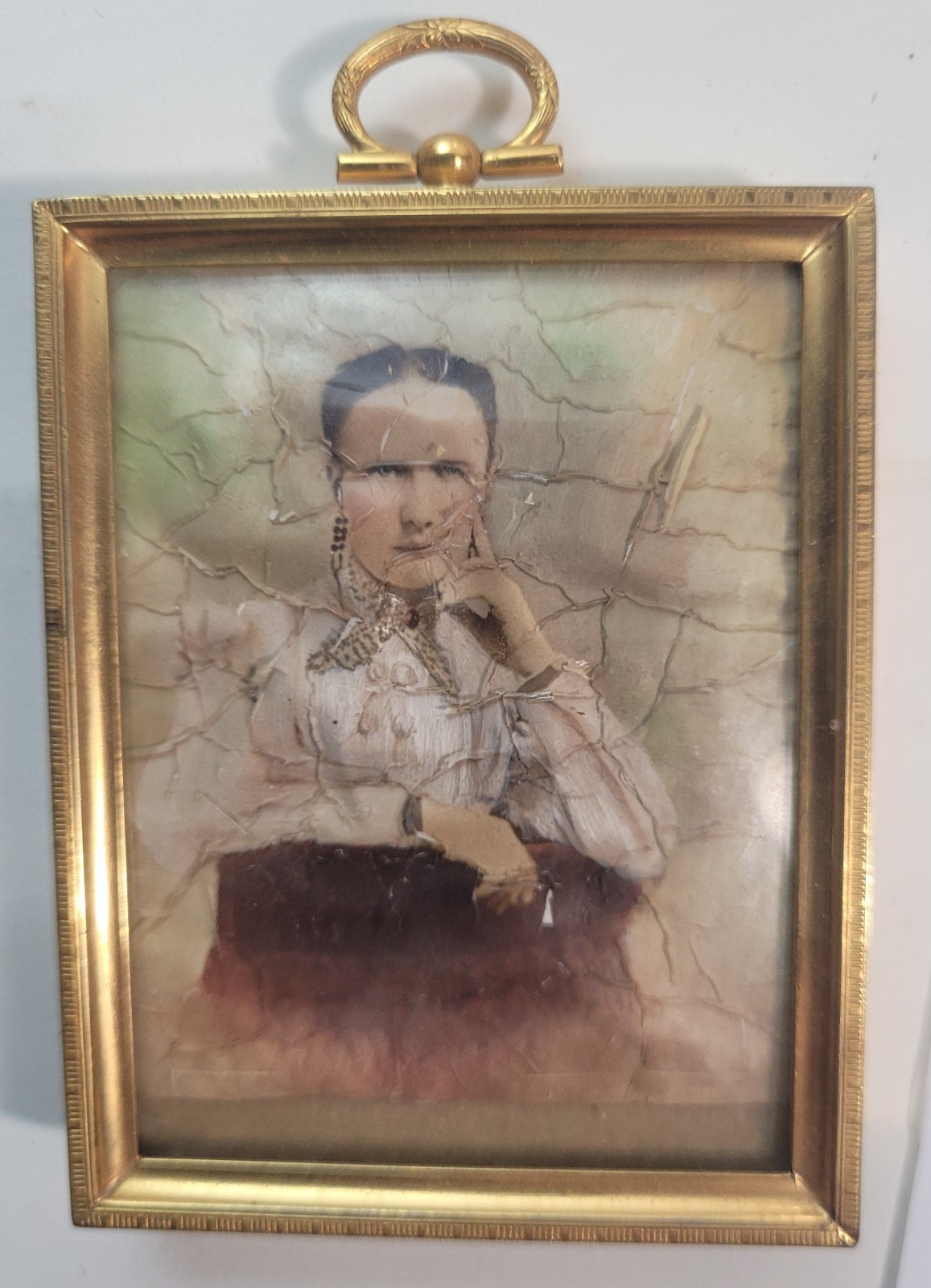 Antique Miniature Portrait of Young Lady Hand-painted, brass frame, 1800\'s maybe