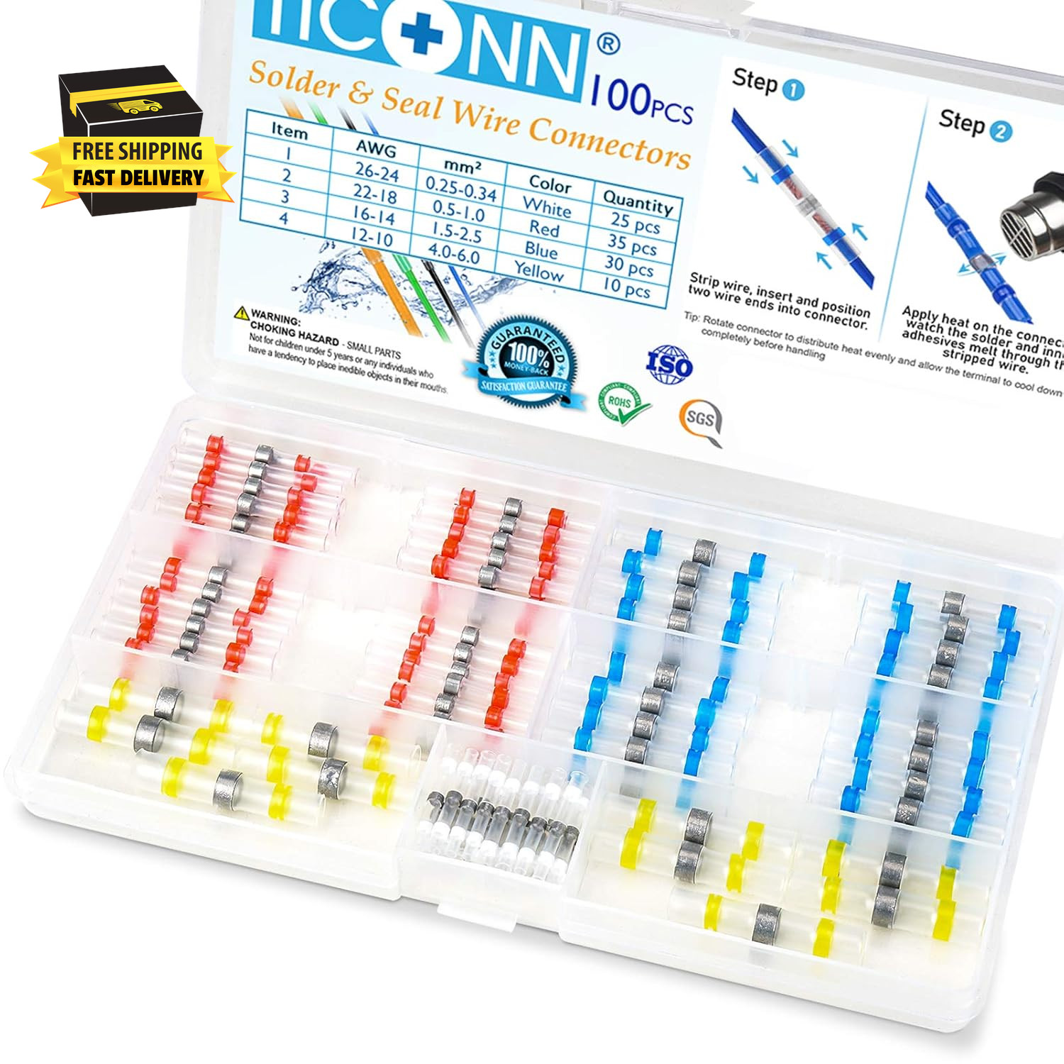 100 Pcs Solder Seal Wire Connectors, Heat Shrink Butt Connectors, Waterproof and