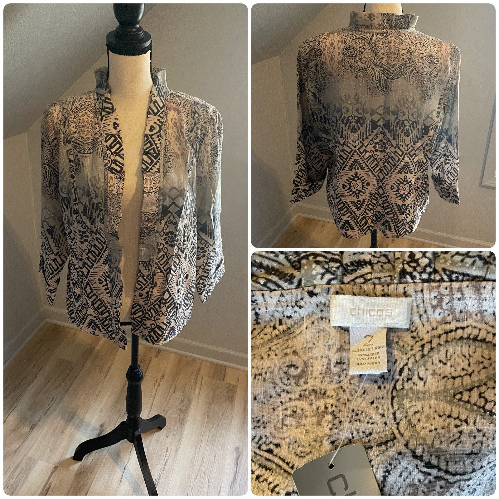New Chico’s Forbidden Flyaway Freeda Jacket Size 2 Large Gray Multi Linen Blend