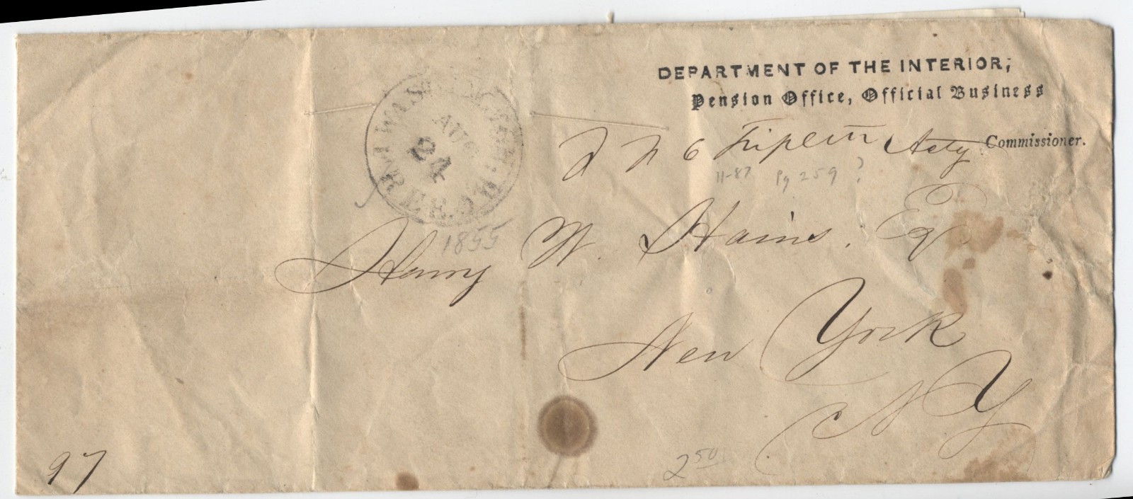 1850s Washington DC stampless free frank acting commr pension office [st.298]