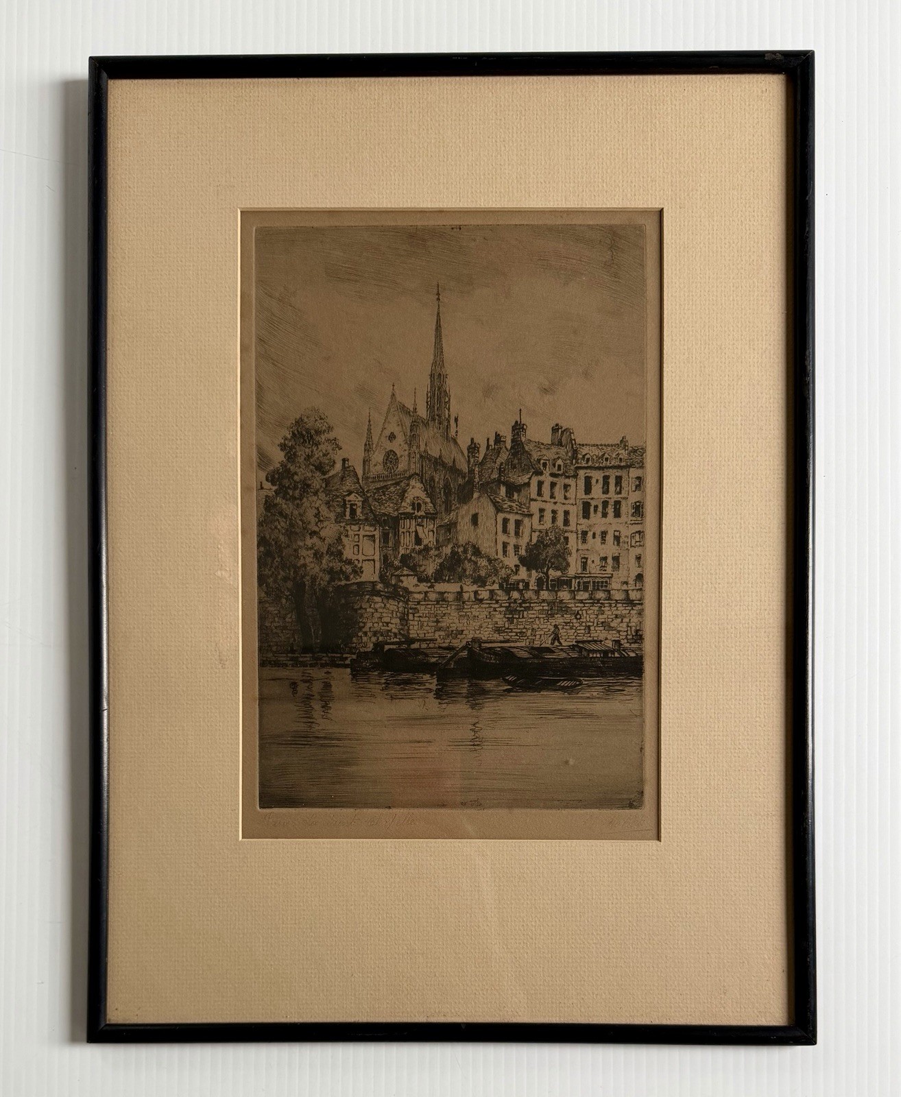 Vintage Antique Signed Charles Nollet Etching- Paris La Sainte Chapelle, Framed