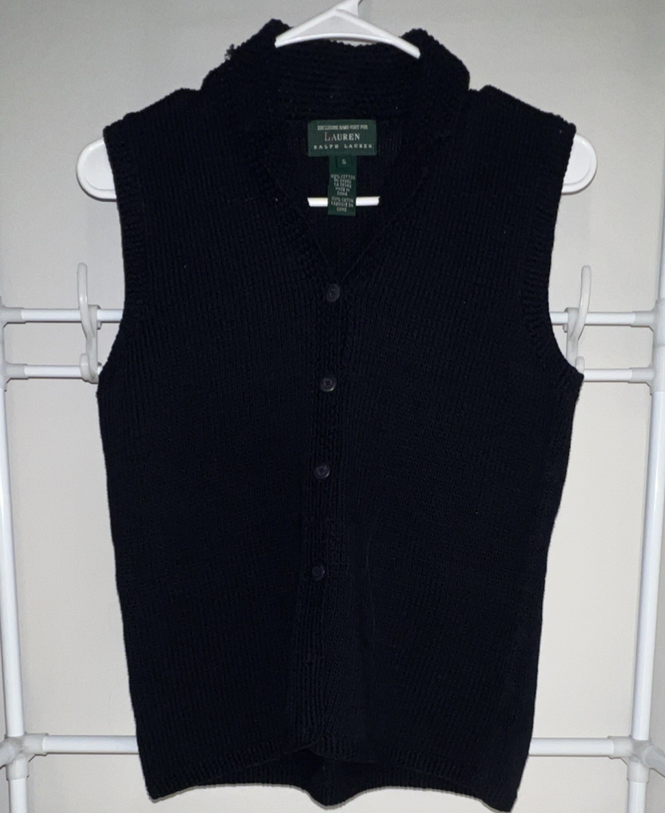 Lauren Ralph Lauren Women\'s Black Cotton Knit Cable Button-Front V-Neck Vest S