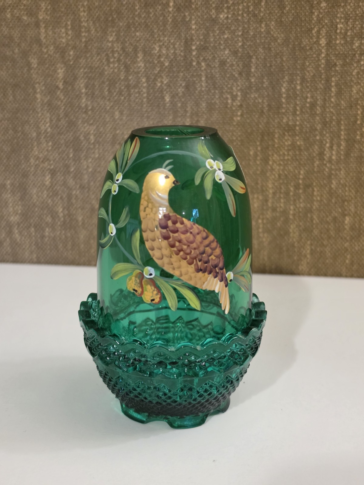 Fenton FAIRY Light*Partridge In A Pear Tree*Emerald Green Hand Painted 4.5