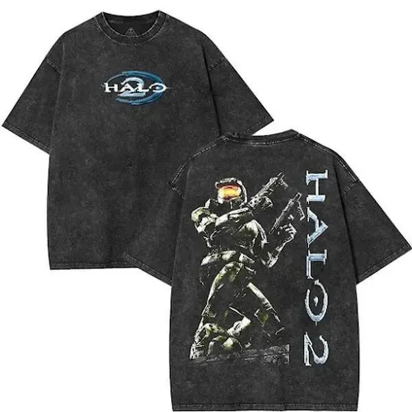 Halo 2 Vintage Washed Heavy Cotton Tee, Classic Game Graphic Crew Neck Top, Retr