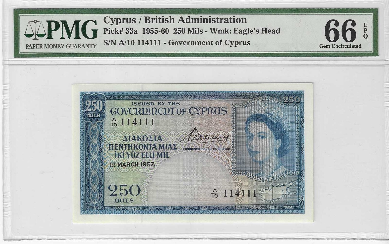 CYPRUS 250 MILS 1957 BANKNOTE QEII UNC PMG 66 EPQ p33a 1955-1960 Series