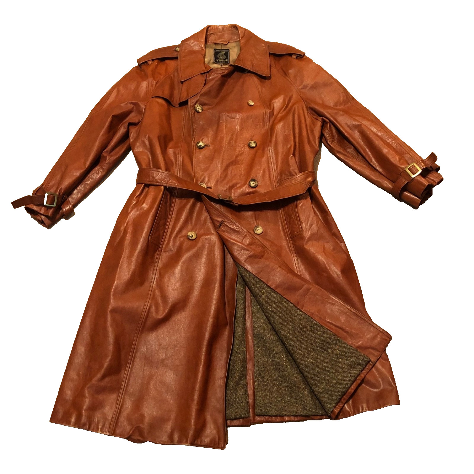Vintage Cognac Brown Distressed Leather Men 46 FR Tripler Double-breasted Trench Vintage Cognac Brown Distressed Leather Men 46 FR Tripler Double-breasted Trench
